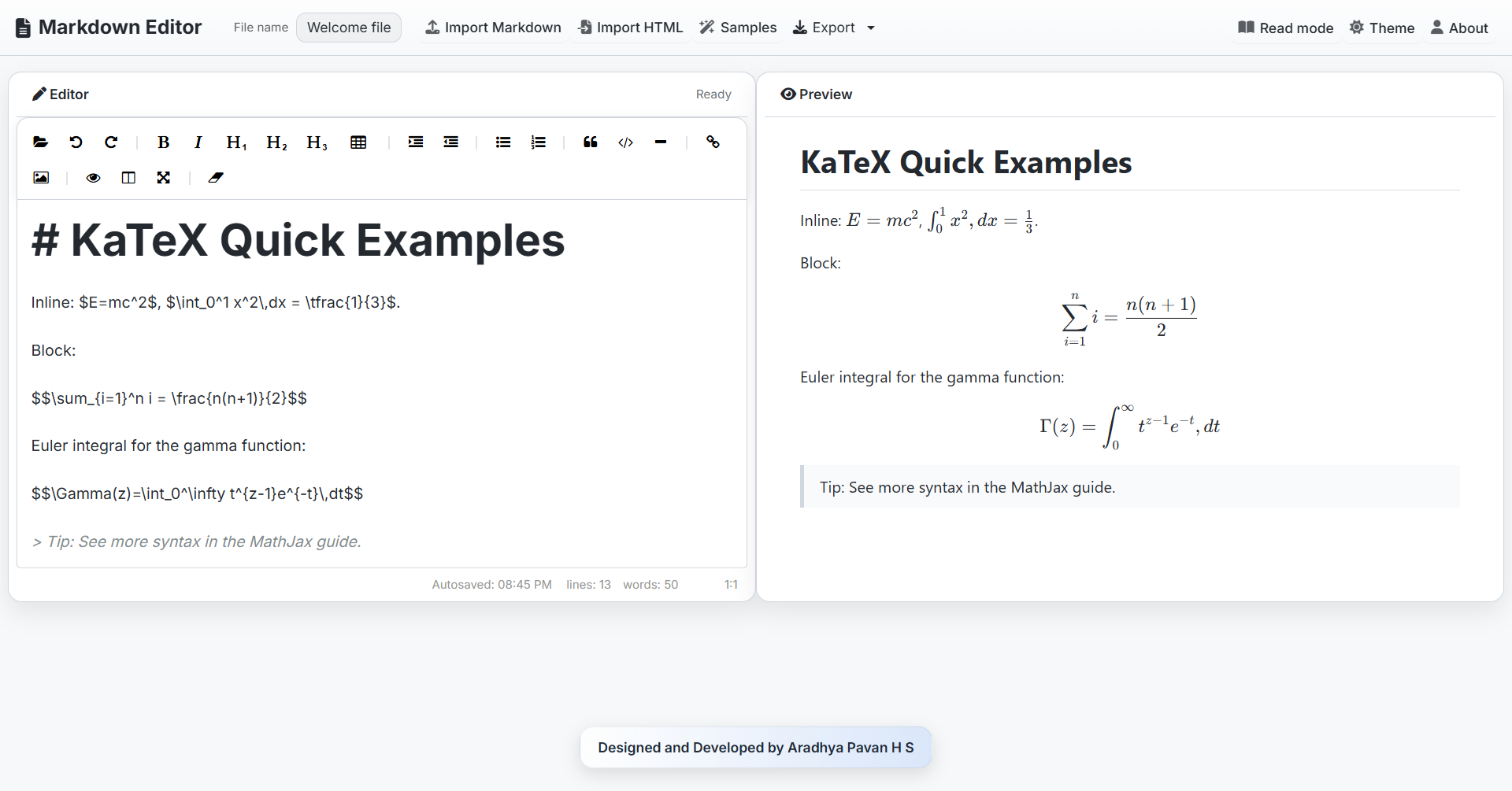 Markdown Editor - Math (KaTeX)