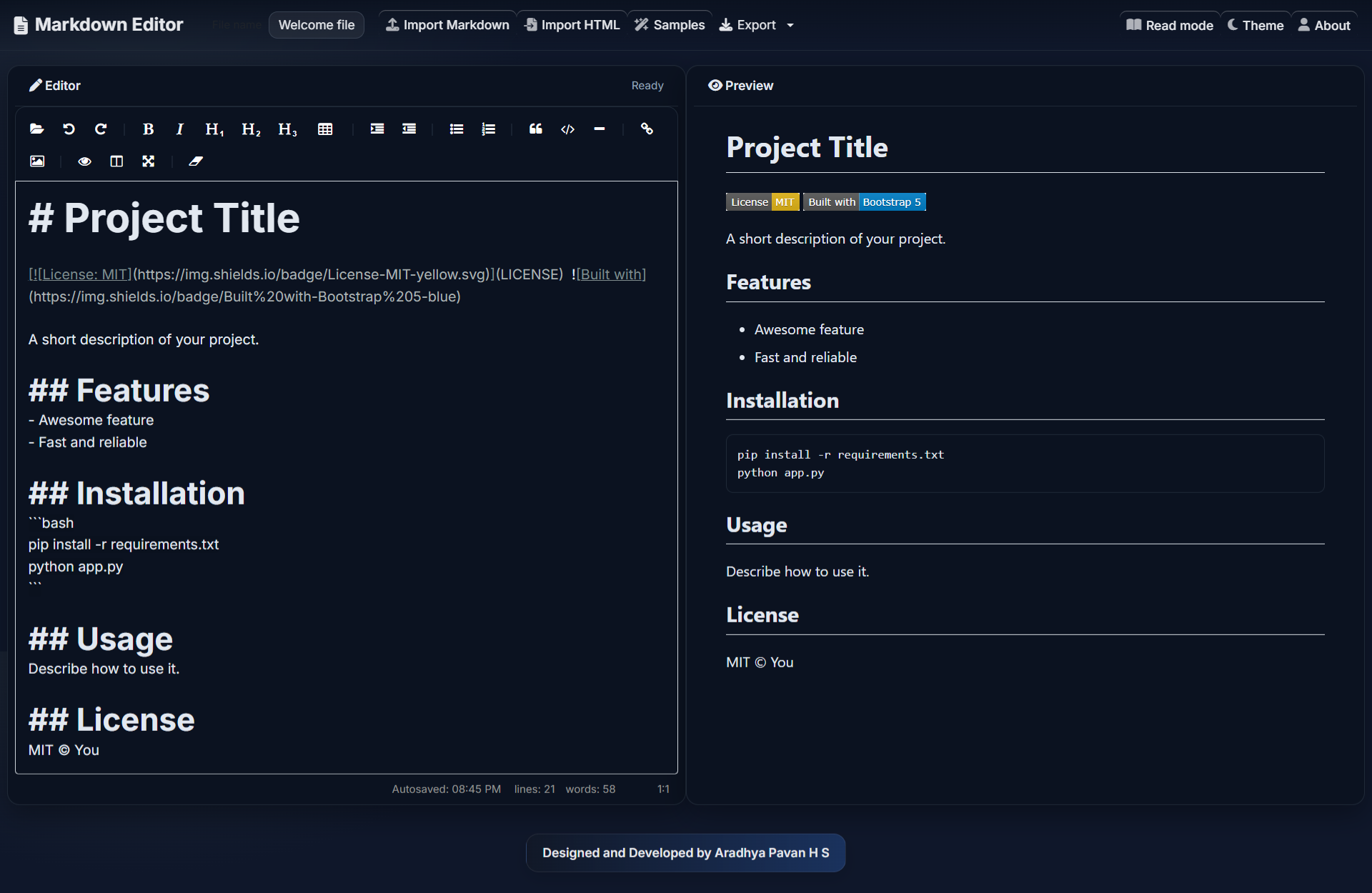 Markdown Editor - Dark Mode