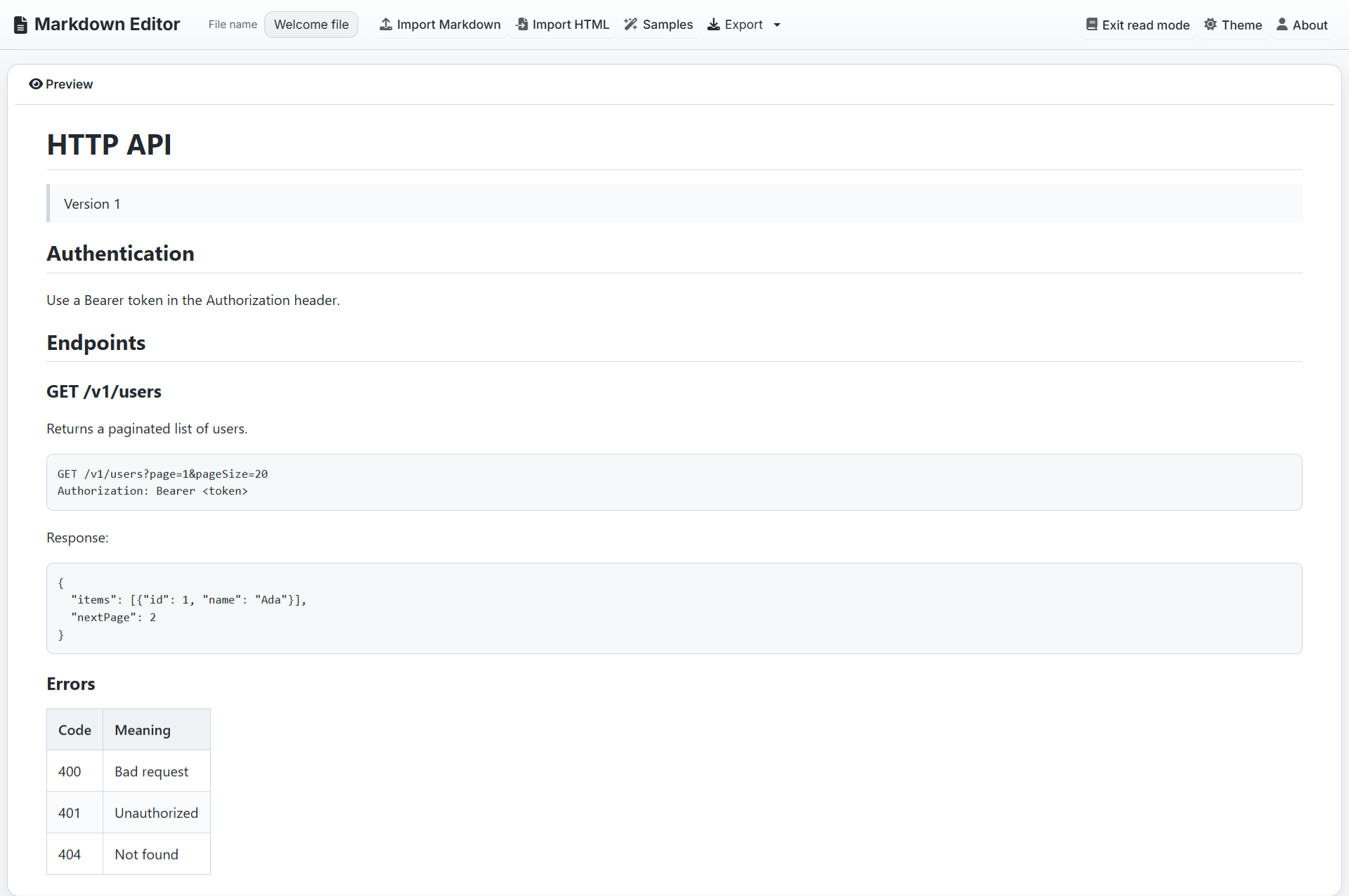 Markdown Editor - Read Mode