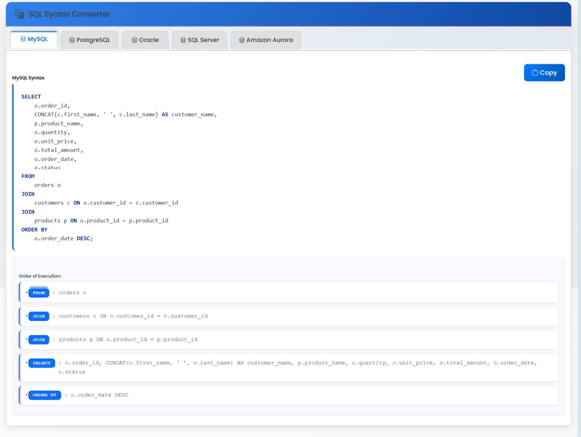 Amazon Aurora Query with Order of Execution